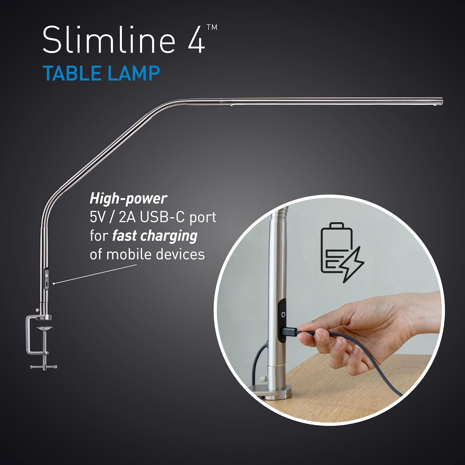 daylight slimline 4 led table lamp in brushed steel 6,000k, 3,200 lux, 4 brightness levels, usb c charging port, anti glare diffuser, flexible design, art & craft, sewing, nail salon
