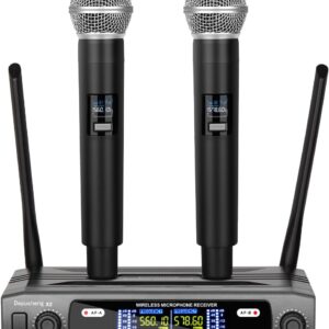 Depusheng Wireless Microphone System, VHF Fixed Dual Frequency Wireless Set with 2 Handheld Dynamic Transmitter Wireless Mic Set for Singing, Karaoke, Church, DJ,200ft Range