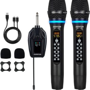 Dual Wireless Microphones Rechargeable, UHF Metal Wireless Mic System Cordless Microphone Professional with Echo Treble BASS VOL Channel Control for Karaoke Singing Church Events