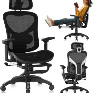 Ergonomic Office Chair, Mesh Desk Chair with Footrest, Adjustable Lumbar Support, 3D Armrest & Large Headrest, 3-Gear Tilt Recline, Stable Swivel Computer Gaming Chairs for Man Woman