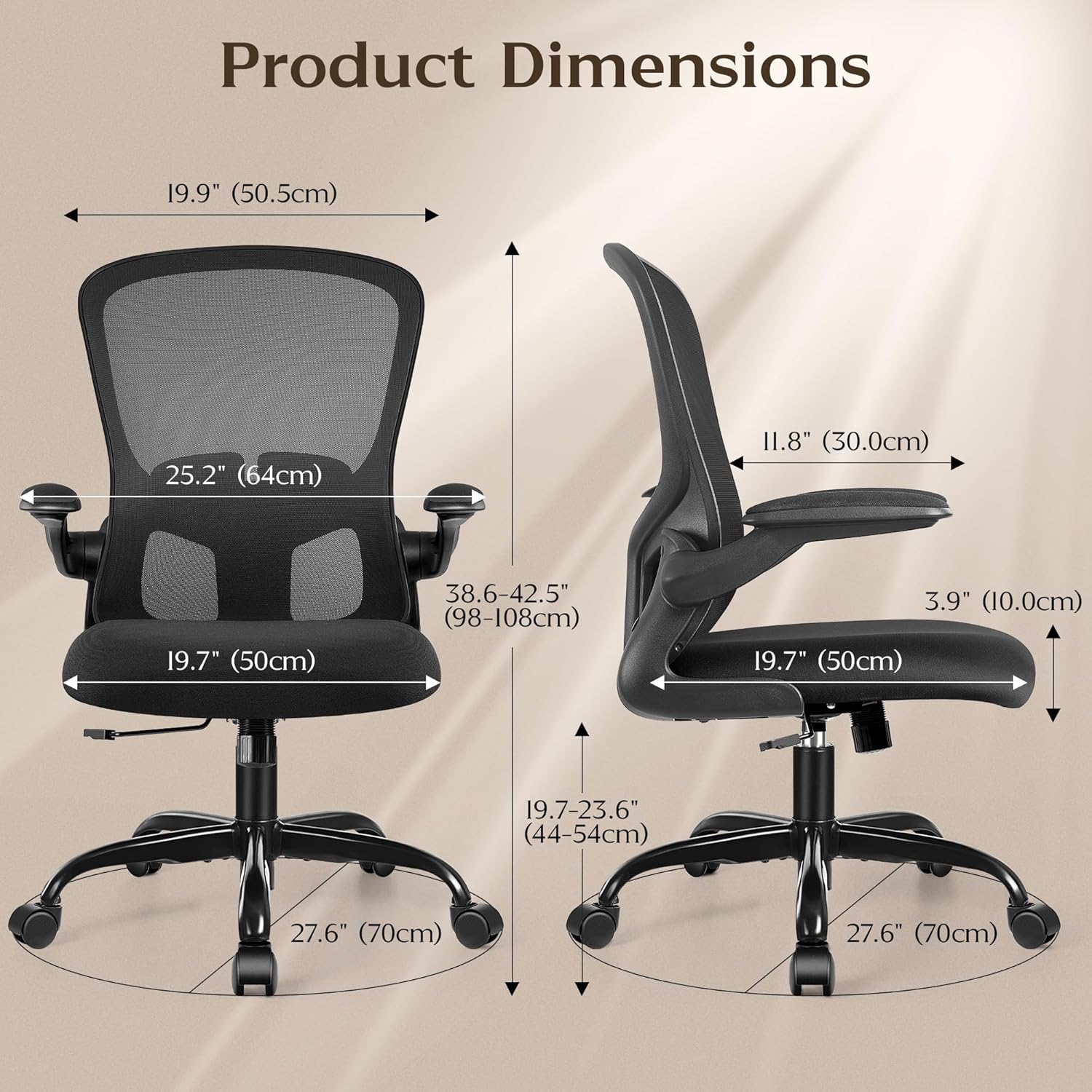 felixking office desk chairs, ergonomic pc desk chair with wheels, adjustable lumbar support and height, swivel computer chair with flip up armrests, ergo mesh backrest for working (black)
