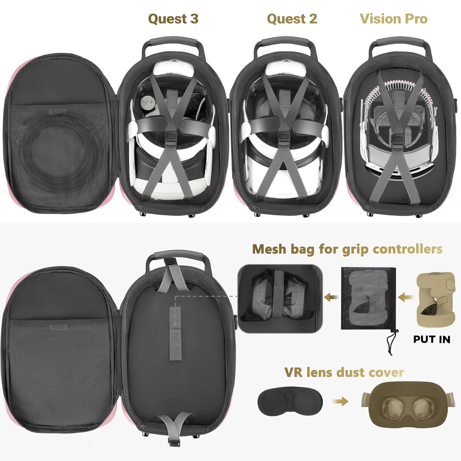 foregoer carrying case for meta quest 3/oculus quest 2, hard travel storage case compatible with meta oculus quest 2 headset, quest pro and accessories, vr all in one gaming headset (pink)