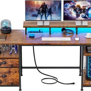 Furologee 61" Computer Desk with Power Outlet and LED Lights, Desk with Fabric File Cabinet Drawer, Large Reversible Table with Shelves and Monitor Stand, Writing Study Table for Home Office