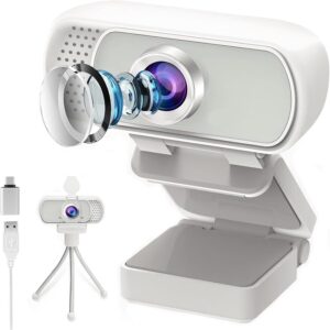 Generic GoHZQ 1080p Webcam Streaming Camera Webcam for PC with Built-in Microphone & Privacy Cover Tripod & USB-C Adapter- for Twitch/Zoom/Skype/Teams etc, Conferencing and Video Calling, White