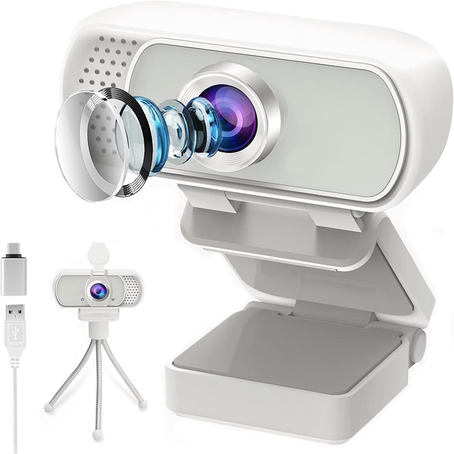 Generic GoHZQ 1080p Webcam Streaming Camera Webcam for PC with Built-in Microphone & Privacy Cover Tripod & USB-C Adapter- for Twitch/Zoom/Skype/Teams etc, Conferencing and Video Calling, White