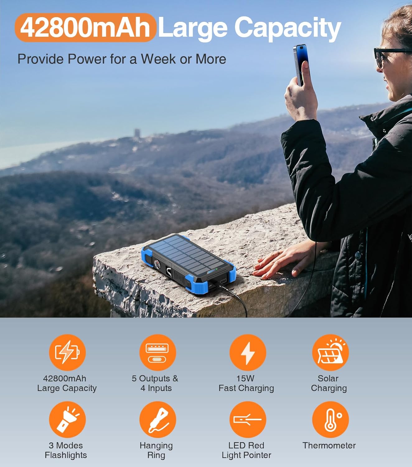 goodaaa portable charger 42800mah built in 4 cables and thermometer 15w fast charging power bank five outputs three inputs solar charger power bank, sos/strobe/strong flashlights, carabiner