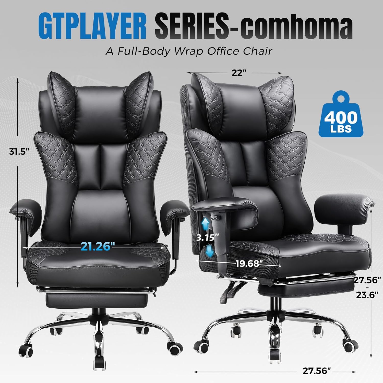 gtplayer big and tall office chair 400lbs wide ergonomic gaming chair with deluxe embossing designed leather with foot rest,150°reclining adjustable soft armrests pocket spring back support and pillow