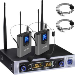 HOTEC UHF Wireless Microphone System with Dual Lapel/Lavalier and Headset Microphones Over PA, Mixer, Speaker, Karaoke Machine for Church, Training, Classroom, Interview (H-K25)