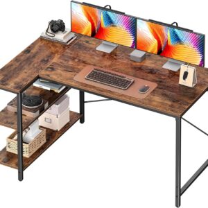 Huuger 47 Inches L Shaped Desk, Computer Desk with Reversible Storage Shelves, for Gaming Corner Home Office Writing Study, Metal Frame, Rustic Brown