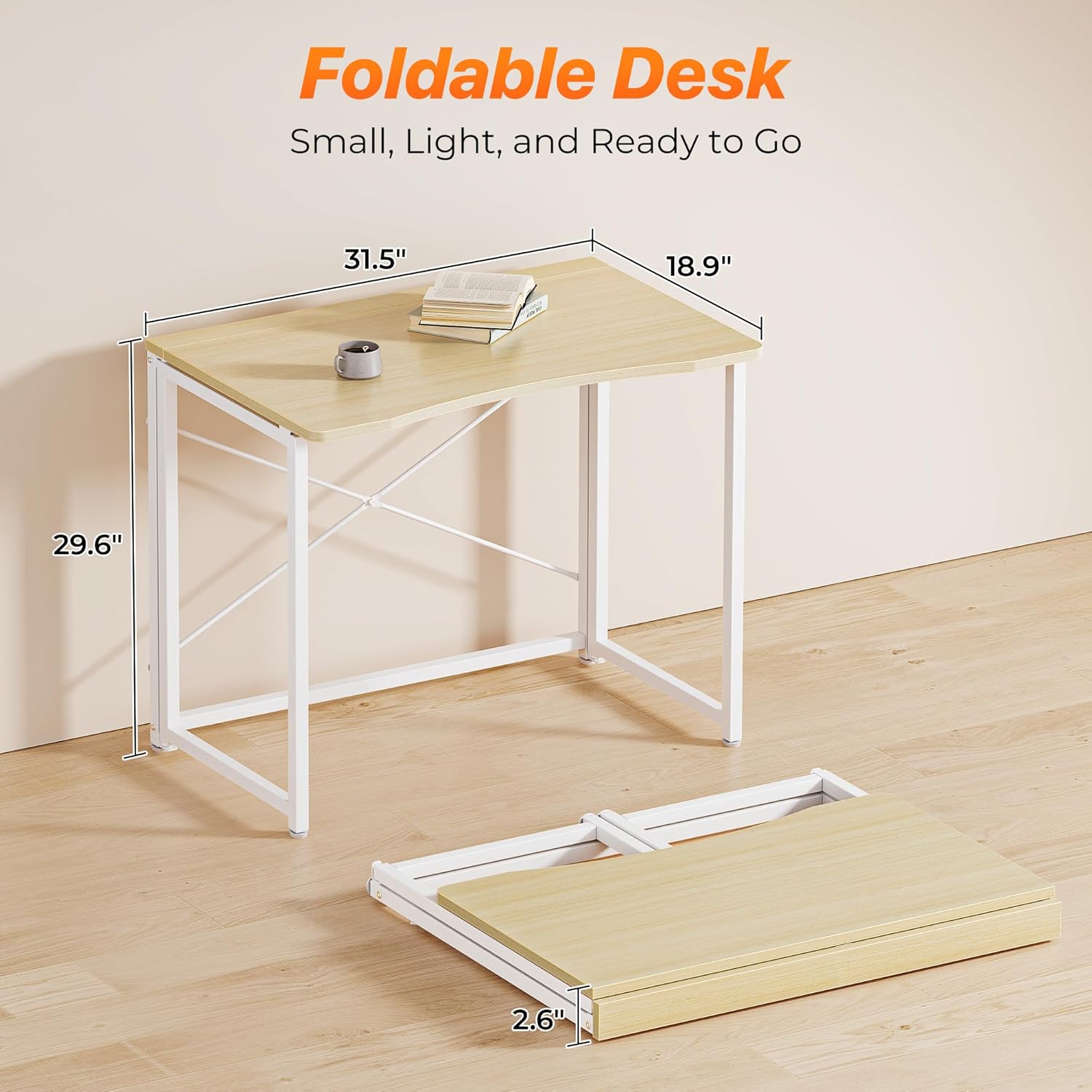 huuger folding desk for small spaces, 31.5 inch foldable computer table, for home office, study, bedroom, dorm, space saving, small writing work office computer desk, easy to fold, oak