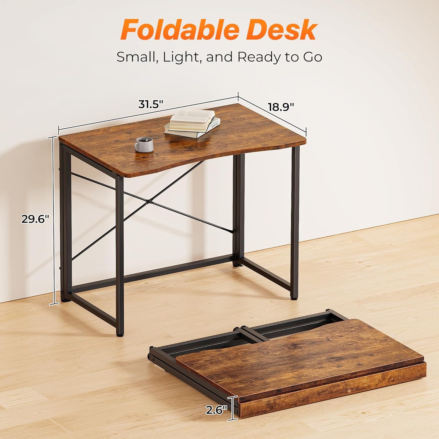 huuger folding desk for small spaces, 31.5 inch foldable computer table, for home office, study, bedroom, dorm, space saving, small writing work office computer desk, easy to fold, rustic brown