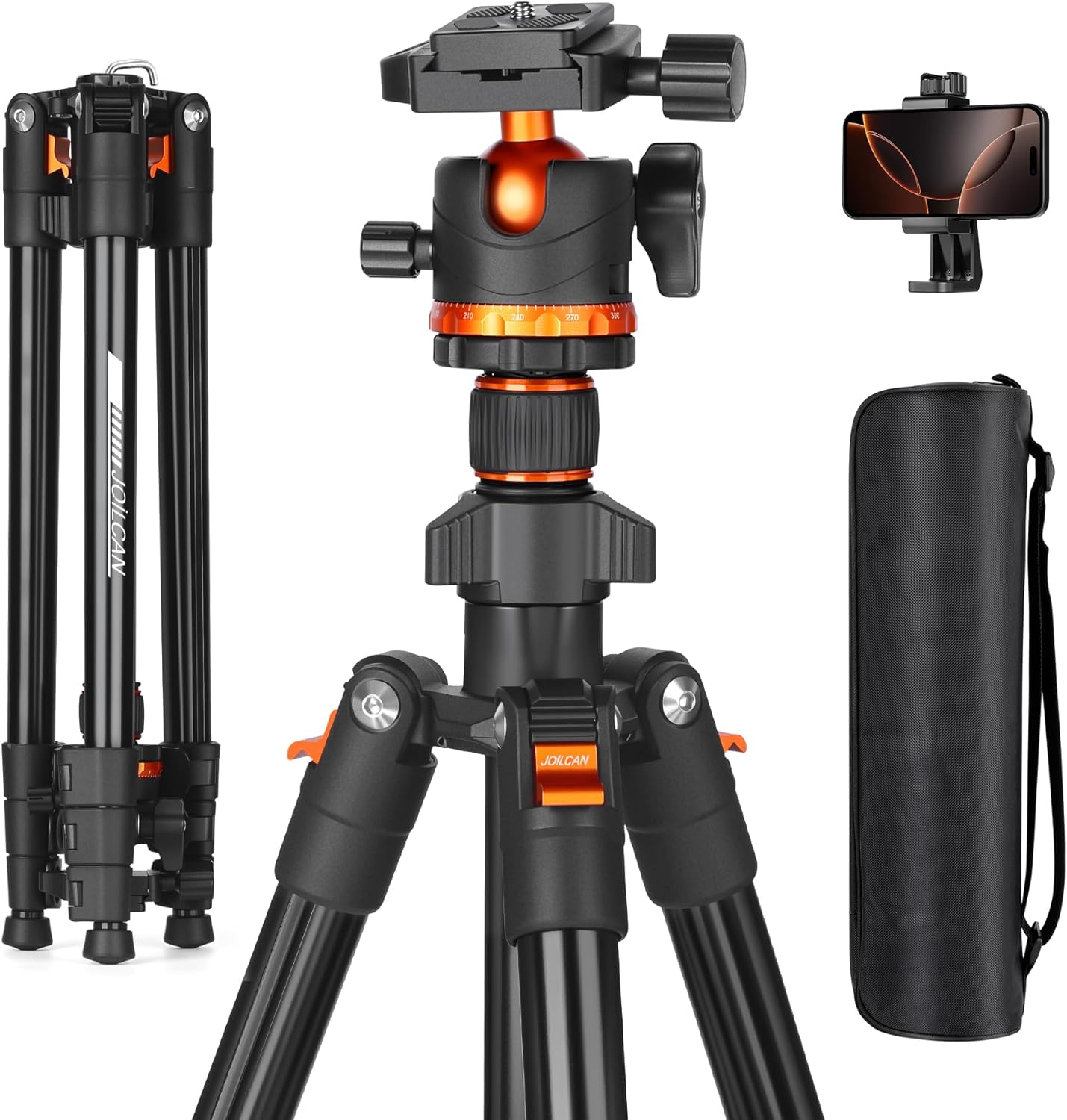 JOILCAN 66" Camera Tripod, Travel Tripod for Camera with 360° Ball Head & Phone Holder, Lightweight Compact Tripod for DSLR/Smartphone Photography, Max Load 22lbs