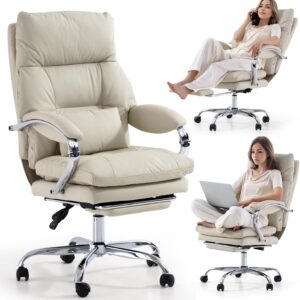LEAGOO Office Chair with Foot Rest, Ergonomic Executive Office Chair with Arms, Reclining High Back PU Leather Comfy Swivel Computer Desk Chairs with Wheels and Lumbar Support for Home Office, Cream