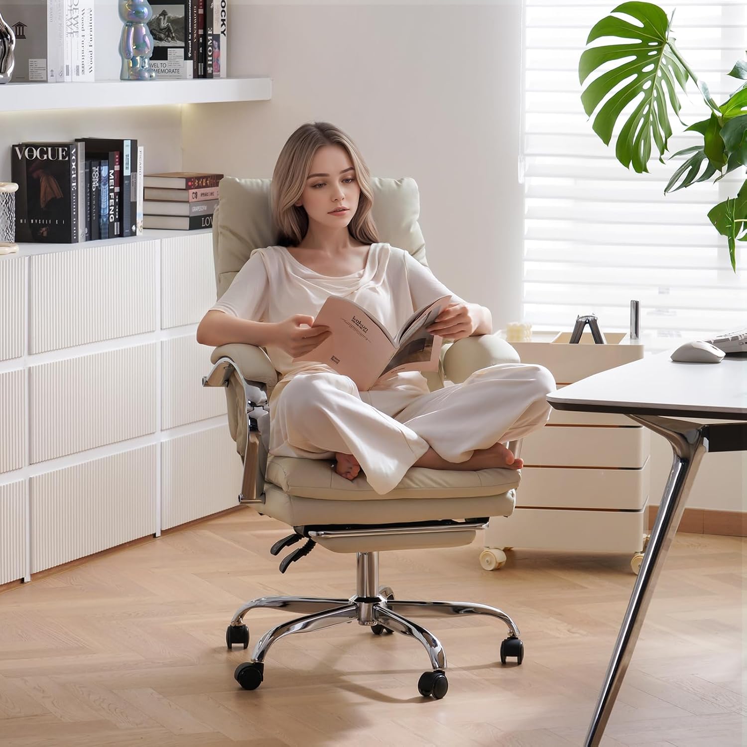 leagoo office chair with foot rest, ergonomic executive office chair with arms, reclining high back pu leather comfy swivel computer desk chairs with wheels and lumbar support for home office, cream