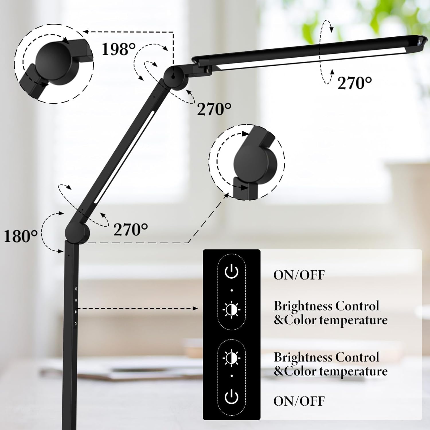 led desk lamp for home office,creative touch reading light, with memory dual light and adjustable swing arm,15w 4 cct eye care modes & 4 brightness levels table lamp with usb charging ports black