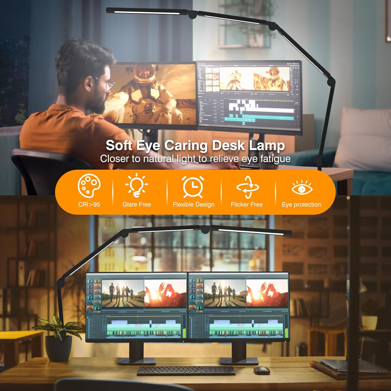 led desk lamp with clamp,adjustable swing arm desk lamps for home office,dimmable tempering eye care desk light bright modern led table lamp for nail tech architect,flexible tall task table light