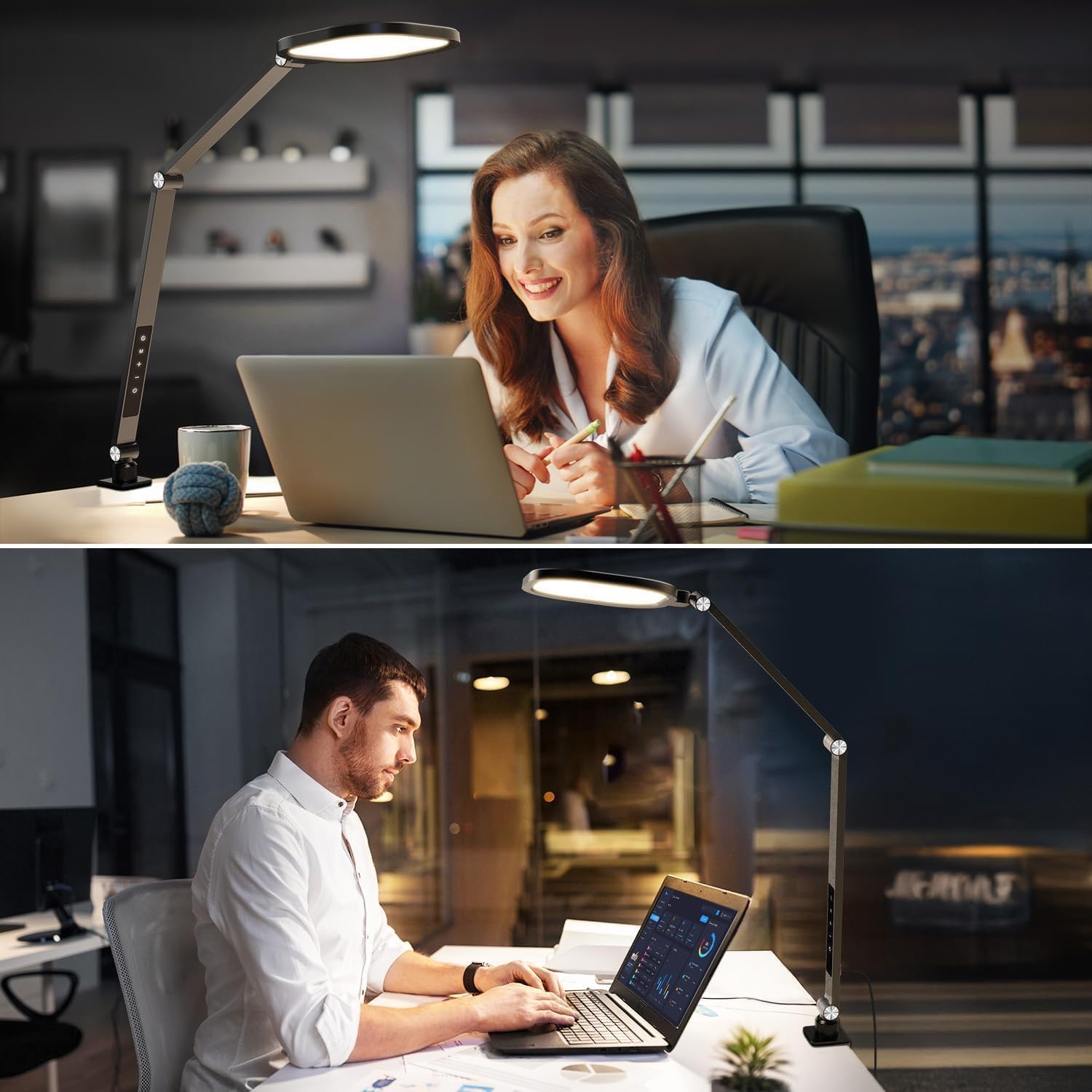 led desk lamps for home office, eye care architect light with clamp, dimmable zoom lighting with 3 color modes & 10 brightness, smart computer ring light for video calls, conference, reading