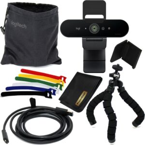 Logitech Brio Ultra 4K HD Pro Webcam for PC & Laptop, for Video Meating & Gaming with Noise-Canceling Microphone, Camera Lens Cover, Pouch + PremGear Flexible Tripod, Cord Organizer Ties & Cloth