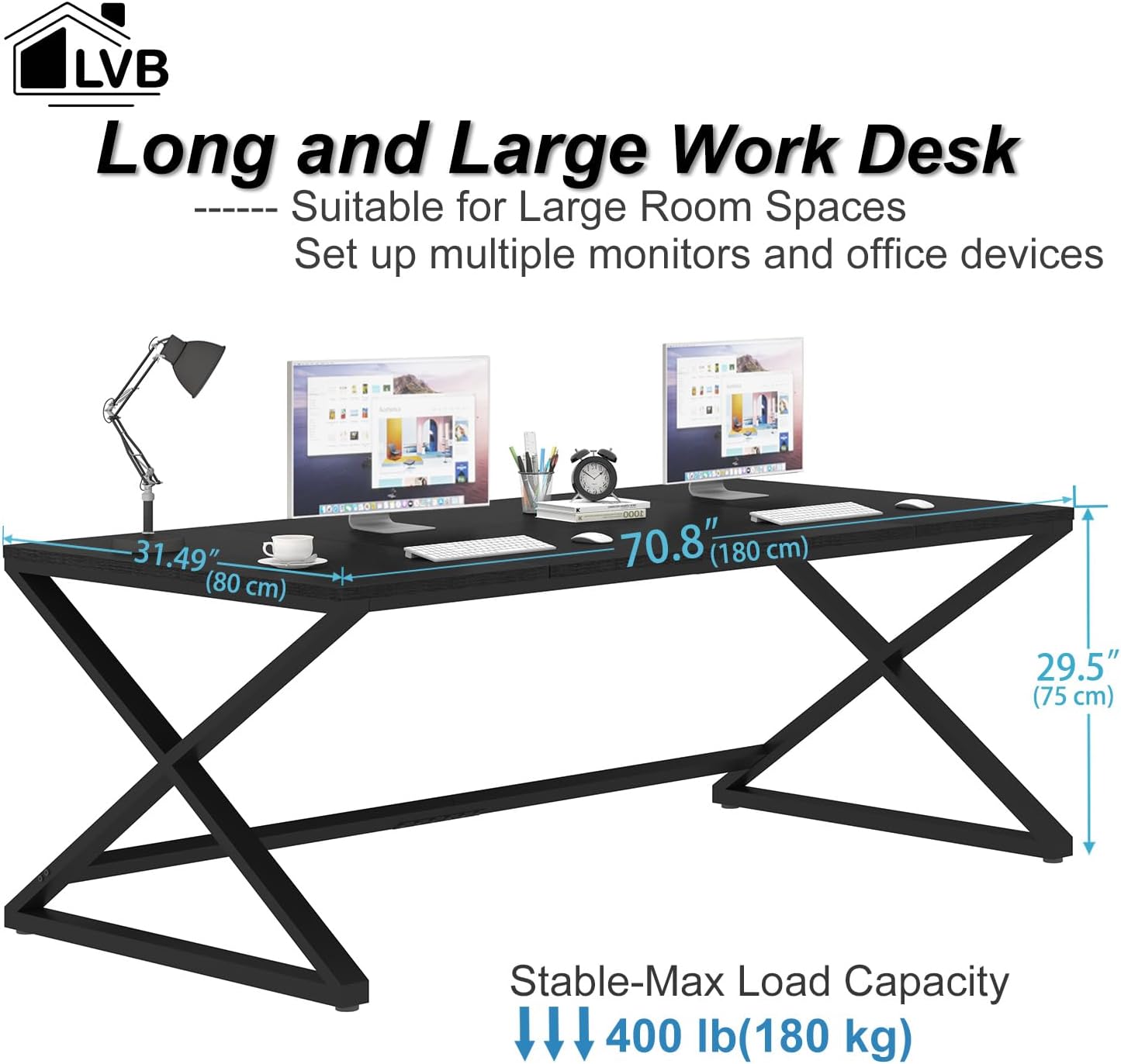 lvb large black desk, 70.8” long computer desk for home office, modern wide executive work desk for writing study, simple wood metal computer table gaming desk workstation in bedroom, black oak, 70 in