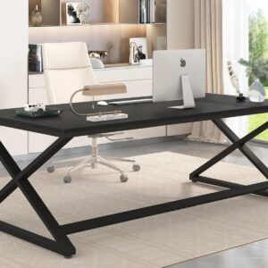 LVB Large Black Desk, 70.8” Long Computer Desk for Home Office, Modern Wide Executive Work Desk for Writing Study, Simple Wood Metal Computer Table Gaming Desk Workstation in Bedroom, Black Oak, 70 in