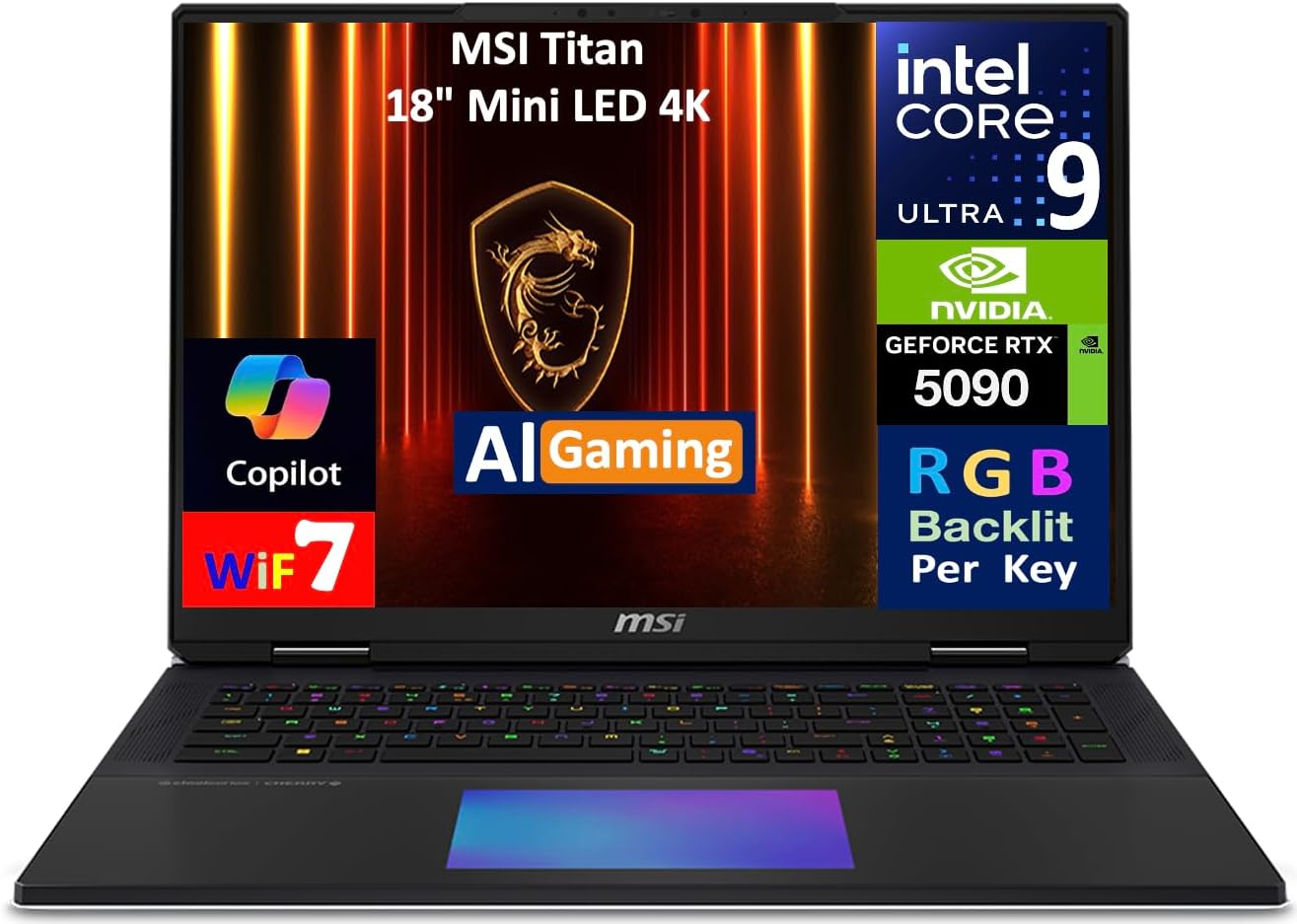 msi titan ai gaming laptop 18" 120hz mini led 4k display (intel ultra 9 285hx, geforce rtx 5090 24gb, 64gb ddr5, 2x8tb pcie ssd (16tb), per key rgb kb, win 11 pro) w/usb c dock