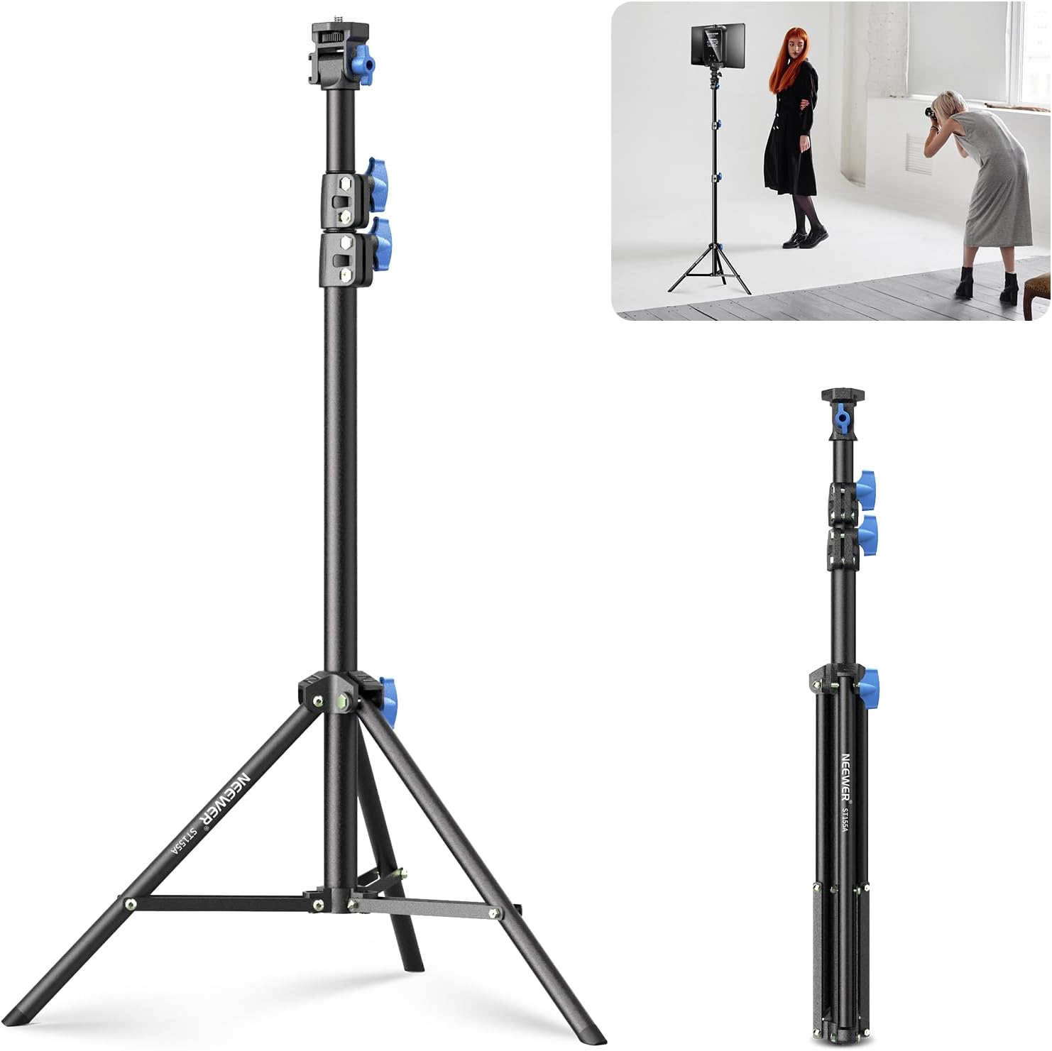NEEWER 28"-61"/72-155cm Photography Light Stand with 180° & 360° Adjustable Head, Aluminum Portable Video Tripod Stand with 1/4" Screw & Cold Shoe for LED Video Light, Ring Light, Flash, Mic, ST155A