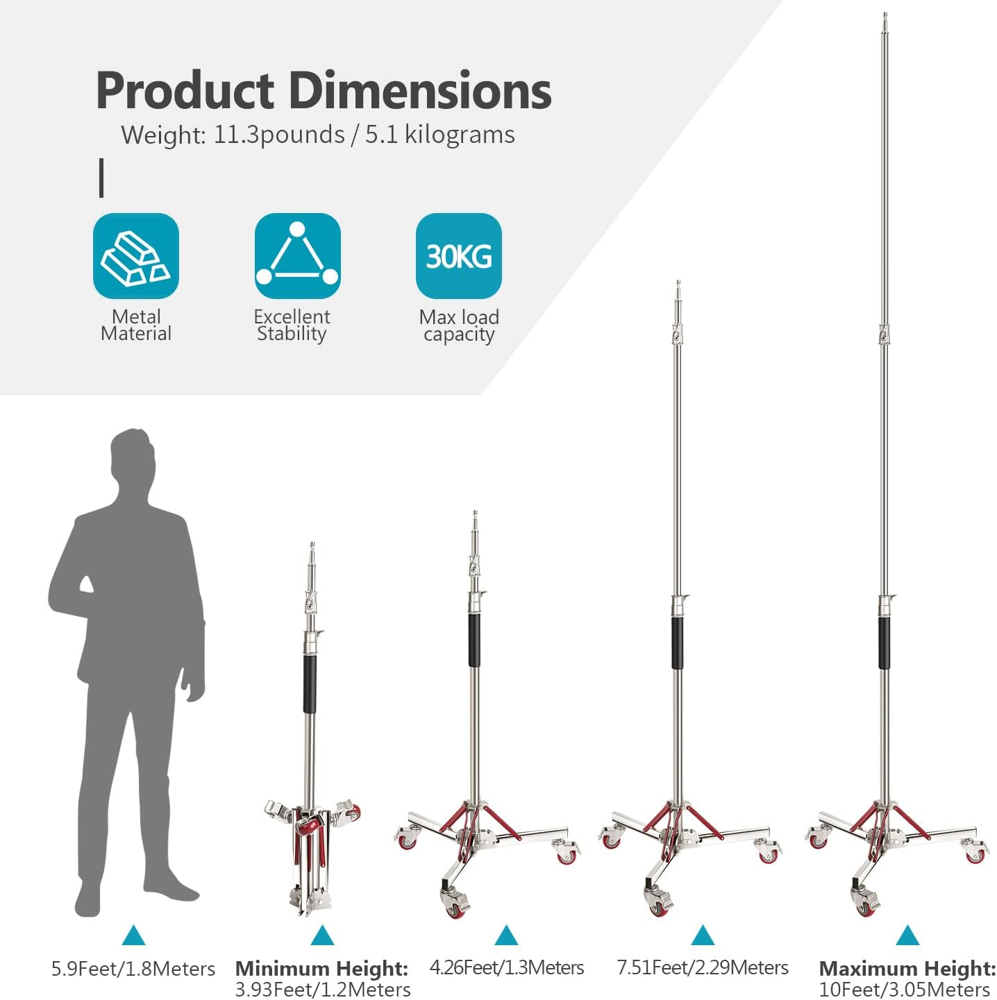 neewer heavy duty light stand with casters, adjustable tripod stand with 100% stainless steel, photography wheeled base stand for studio softbox, monolight, reflector, max height: 10ft/305cm