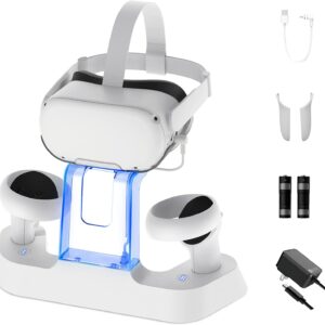 NexiGo Enhanced Charging Dock with LED Light for Oculus Quest 2, [Support Elite Strap with Battery], Headset Display Stand and Controller Mount, 2 Rechargeable Batteries, Magnetic Cable (Renewed)