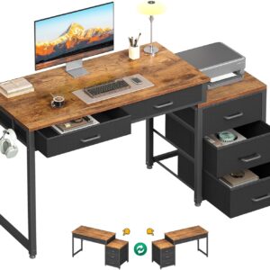 ODK Computer Desk with 5 Drawers, 53 Inch Office Desk with Printer Shelf, Reversible Work Desk for Home Office, Writing Table Desk with Headphone Hook for Storage, Rustic Brown