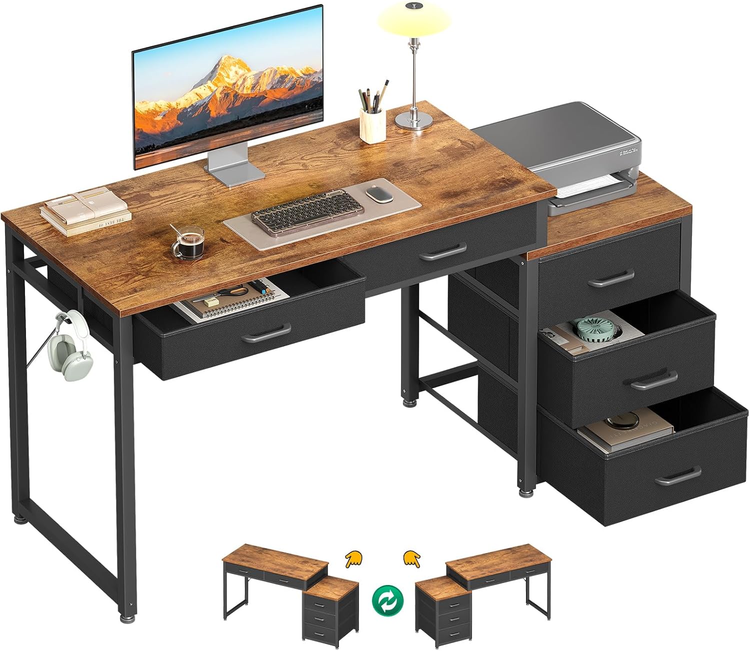 ODK Computer Desk with 5 Drawers, 53 Inch Office Desk with Printer Shelf, Reversible Work Desk for Home Office, Writing Table Desk with Headphone Hook for Storage, Rustic Brown