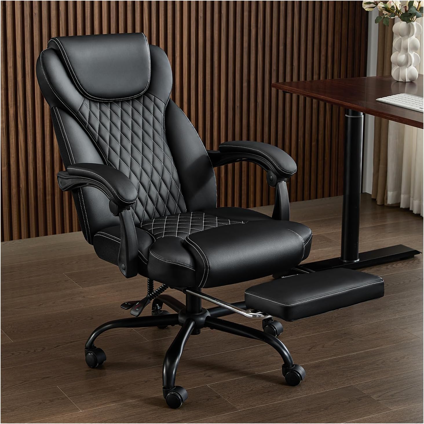 office chair, big and tall office chair with foot rest ergonomic chair for home desk, reclining high back leather chairs with lumbar support(black)