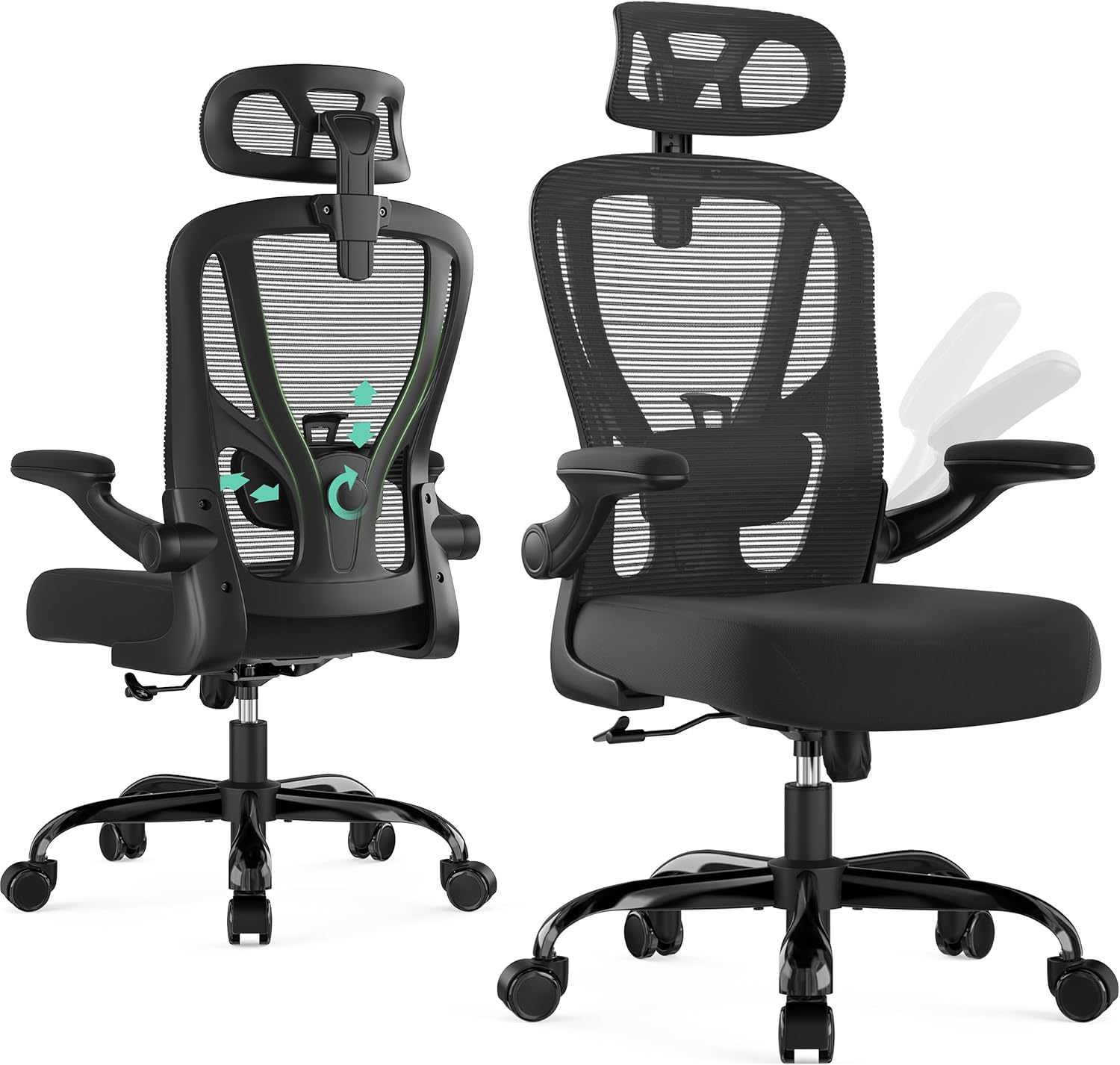 Office Chair Ergonomic Desk Chair - Mesh High Back Office Chair with Headrests Wheels Lumbar Support Home Desk Office Chairs Flip up Armrest Executive Rolling Swivel Task Computer Chair Black