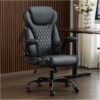 Office Chair, Executive Leather Chair Home Office Desk Chairs, Ergonomic Computer Desk Chair with Adjustable Flip-Up Arms, Lumbar Support Swivel Task Chair with Rocking Function (Black)