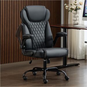 Office Chair, Executive Leather Chair Home Office Desk Chairs, Ergonomic Computer Desk Chair with Adjustable Flip-Up Arms, Lumbar Support Swivel Task Chair with Rocking Function (Black)