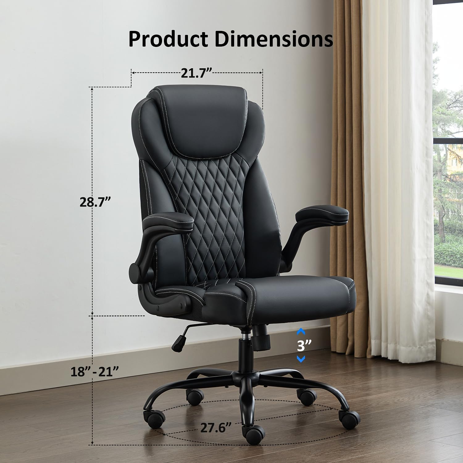 office chair, executive leather chair home office desk chairs, ergonomic computer desk chair with adjustable flip up arms, lumbar support swivel task chair with rocking function (black)