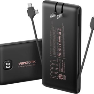 Portable Charger Power Bank Built in Cables and Wall Plug, 10000mAh iPhone Battery Pack Fast Charging, USB C External Slim Power Bank, Travel Essentials Compatible with iPhone 17 16 15 14 iPad, Black