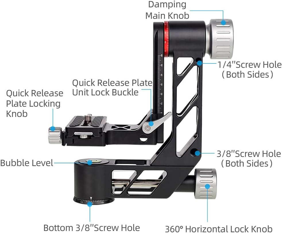 professional heavy duty tripod head with 360° panorama, arca swiss 1/4" qr plate and bubble level supports 25kg tripod camera photography for dslr cameras and telephoto lenses