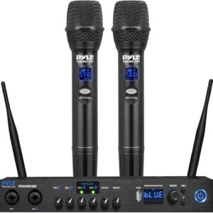 Pyle Digital Wireless Microphone System with Bluetooth - Includes 2 Dynamic UHF Handheld Mics, Portable Long-Range Receiver w/Built-in Echo Effect - for Live Pro Audio, Karaoke, Studio - PDWM813BK