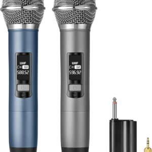 Rechargeable UHF Wireless Microphones, Two Metal Handheld Microphones with 1/4" Receiver, Plug-and-Play for Speaker & PA System, Karaoke Singsing, Lecture, Stage Performance (Blue&Grey)