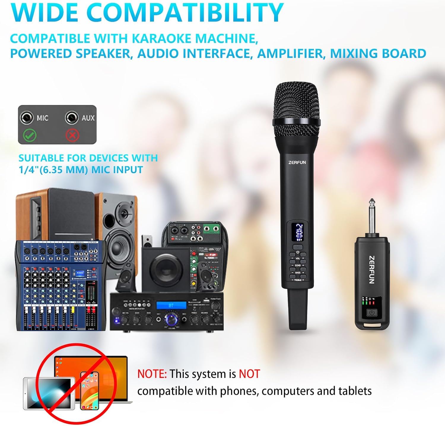 rechargeable wireless microphone, pro handheld cordless mics system dynamic with echo treble bass vol control for karaoke singing church party, 1/4'' output, d240, black