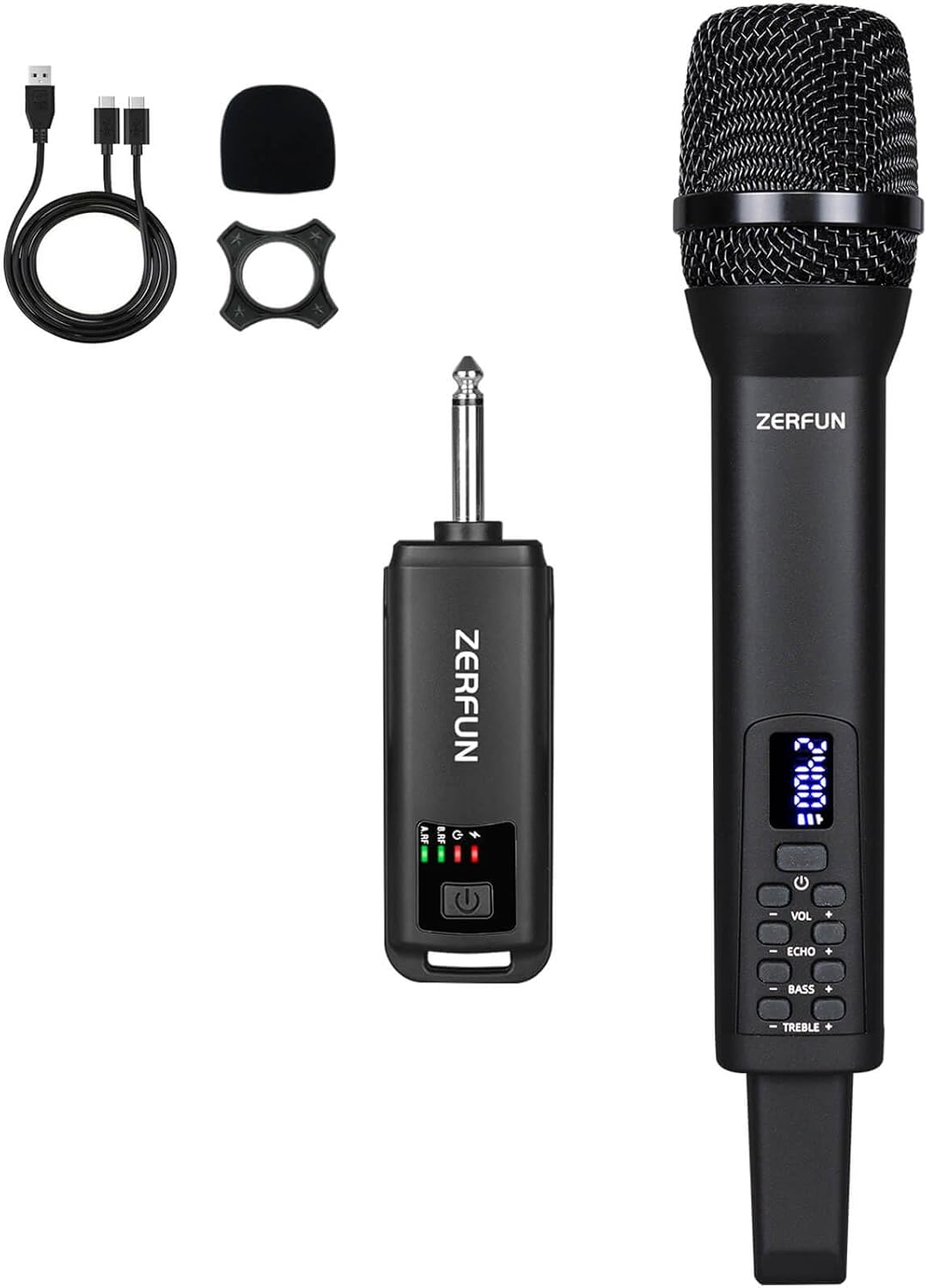Rechargeable Wireless Microphone, Pro Handheld Cordless Mics System Dynamic with Echo Treble BASS VOL Control for Karaoke Singing Church Party, 1/4'' Output, D240, Black