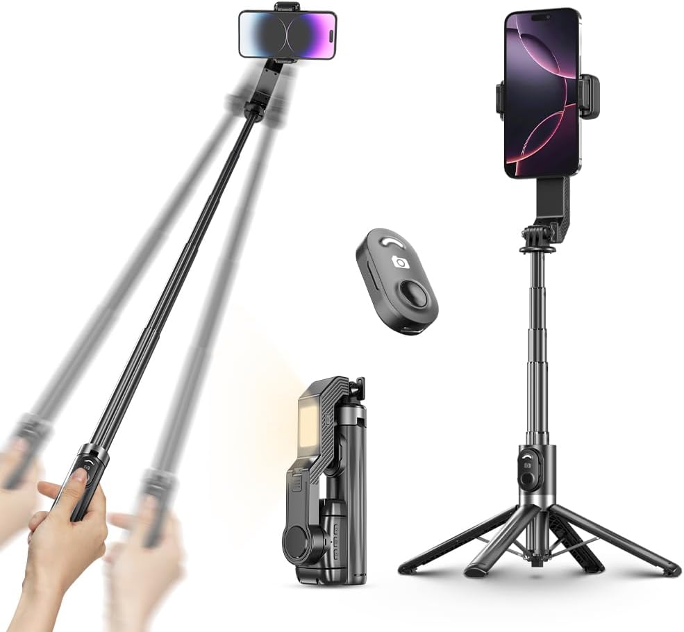 Selfie Stick Gimbal Stabilizer, Single Axis Stabilizer Tracking Selfie Stick with Light Tripod 360° Rotation with Remote Control for iPhone/Andriod for Vlog Live Broadcast TIK Tok YouTube Vlogging