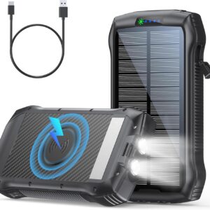 Solar Charger Power Bank, 40000mAh Wireless Portable Charger QC3.0 PD 20W Fast Charging with USB-C in/Output, External Battery Pack with Dual Flashlights Hiking Camping Essential