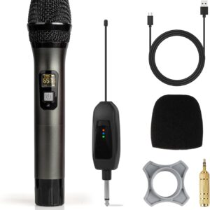 Soundgeek Wireless Microphone UHF Metal Dual Handheld Mic with Rechargeable Receiver 200ft Range, Microphone for Singing, Karaoke, Church, Speech, Wedding, Party Singing (1 Mics, Gray)