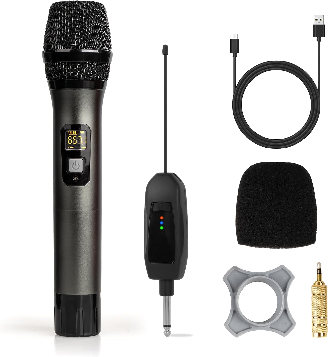 Soundgeek Wireless Microphone UHF Metal Dual Handheld Mic with Rechargeable Receiver 200ft Range, Microphone for Singing, Karaoke, Church, Speech, Wedding, Party Singing (1 Mics, Gray)