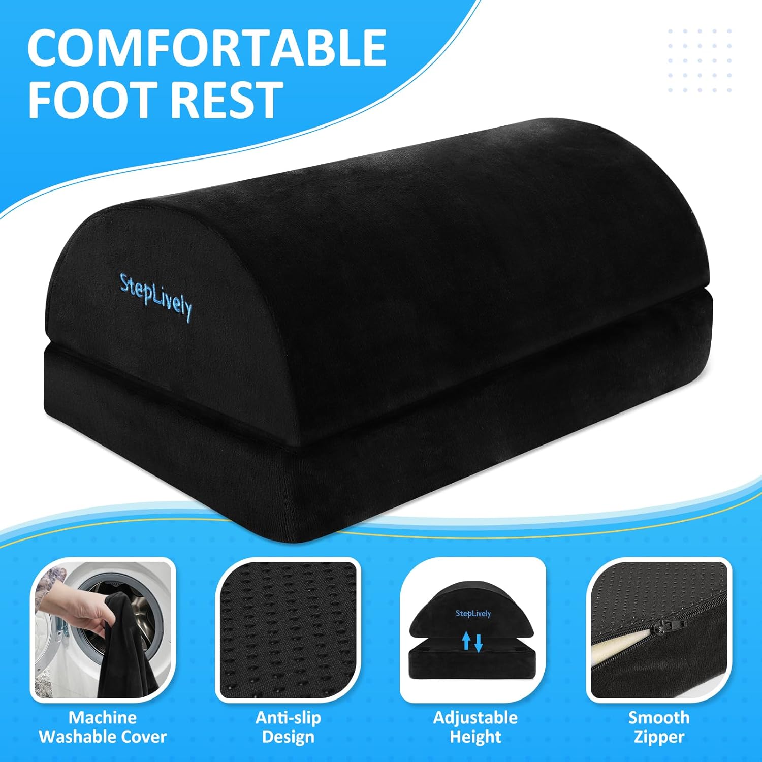 steplively foot rest for under desk at work, comfortable foot stool with 2 adjustable heights, footrest with washable cover, for back & hip pain relief, suitable for office, home and car (black)
