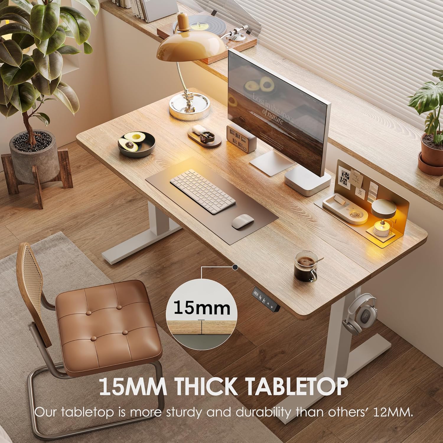 tiqlab height adjustable electric standing desk, 47.2 x 23.6 inch, sit stand up desk, splice board, computer home office desk, white frame/maple top