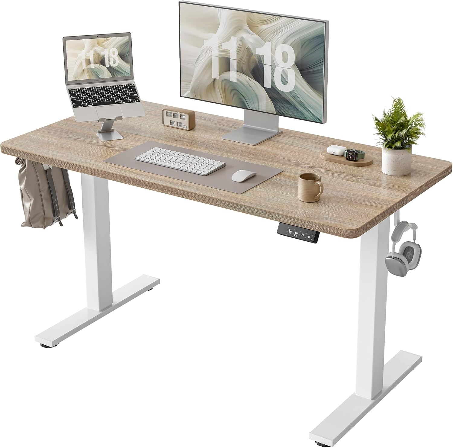 TIQLAB Height Adjustable Electric Standing Desk, 47.2 x 23.6 inch, Sit Stand Up Desk, Splice Board, Computer Home Office Desk, White Frame/Maple Top