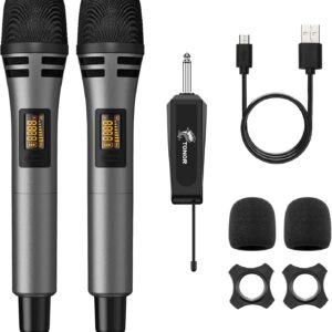 TONOR Wireless Microphones, UHF Dual Karaoke Microphone System, Microfonos Inalambricos with Rechargeable Receiver, Cordless Dynamic Mic Micro Set for Singing, Wedding, DJ, Party, Speech TW320 Grey