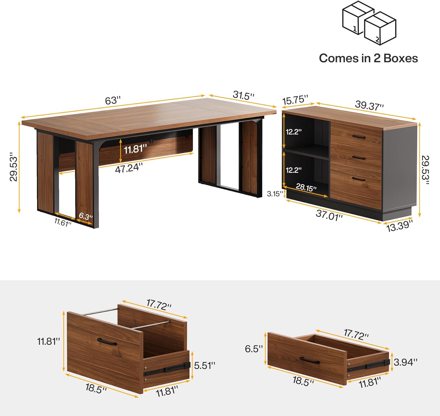 tribesigns 63‘’ l shaped executive desk, office table with 39.37 inch drawers cabinet, large computer desk with storage shelves, business furniture set for home office, brown & black